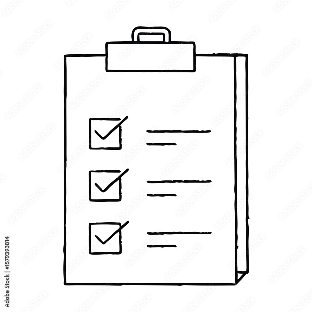 Poster black and white vector line art clipboard with check boxes and check marks representing task complet