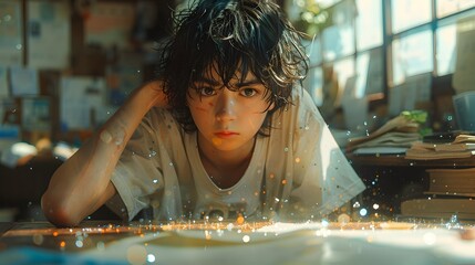 A young boy rests his head gently on a wooden table, gazing thoughtfully ahead, capturing a quiet moment of reflection, calmness, and gentle childhood contemplation

