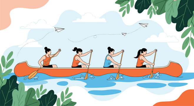 Four women in a canoe paddling in unison on a river surrounded by lush greenery and a cloudy sky