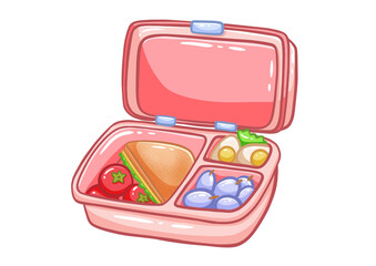 Colorful lunchbox with sandwich, tomatoes, grapes, and eggs in neat compartments