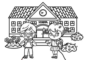 Cute school scene with happy children and school building for coloring activities