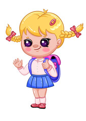 Adorable schoolgirl in cartoon style with braided hair and backpack