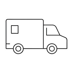 Black line art delivery truck vector illustration with square window and two round wheels on white background