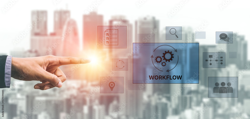 Poster workflow optimization concept featuring interconnected gears, task management, collaboration, proces