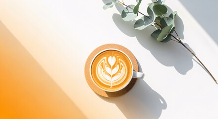 Aesthetic flat lay of frothy coffee with latte art and eucalyptus leaves
