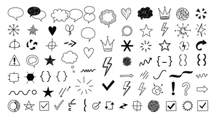 Hand drawn doodle symbols and icons collection for design projects and creative applications