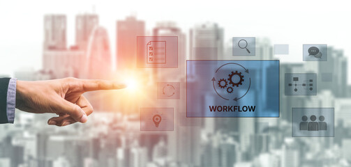 Workflow optimization concept featuring interconnected gears, task management, collaboration,...