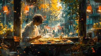 A joyful boy sits comfortably at a wooden table, savoring a colorful plate of food, embodying the simple pleasures of eating and the happiness of childhood moments


