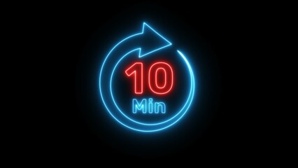 Neon timer clock  illustration. Neon countdown minute symbol.