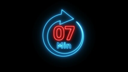 Neon timer clock  illustration. Neon countdown minute symbol.