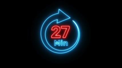 Neon timer clock  illustration. Neon countdown minute symbol.