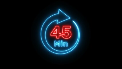 Neon timer clock  illustration. Neon countdown minute symbol.