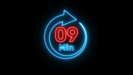 Neon timer clock  illustration. Neon countdown minute symbol.