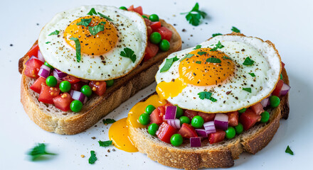 Two delicious open faced sandwiches topped with fried eggs and fresh vegetables