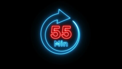 Neon timer clock  illustration. Neon countdown minute symbol.