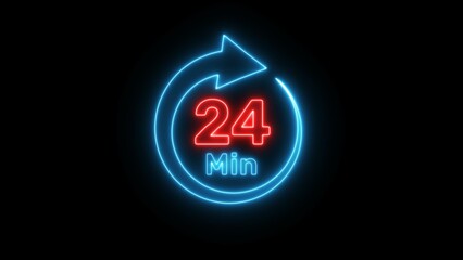 Neon timer clock  illustration. Neon countdown minute symbol.