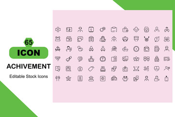 Sixty Five Editable Achievement Icons Set Black Line Art Style Pink Background Green Accents