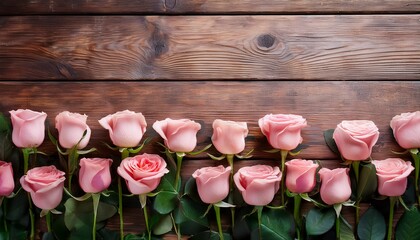 delicate pink roses arranged in a line against weathered wooden planks with green leaves creating an elegant floral composition