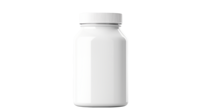 A clean white plastic bottle with a cap, ideal for medicine, supplements, or pharmaceutical products standing out against a black background.