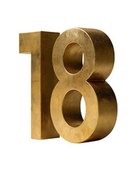 The number "18" is made of solid gold, standing upright on the table with its base visible in the front view. isolated on a transparent background in PNG format.