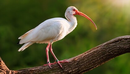 elegant white ibis perched gracefully on a branch against green backdrop