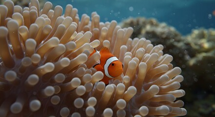 Vibrant Clownfish Nestled in a Sea Anemone on a Coral Reef Underwater