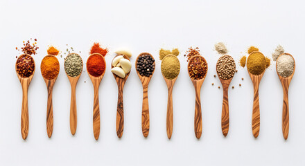Collection of wooden spoons filled with various colorful spices and herbs on a white background