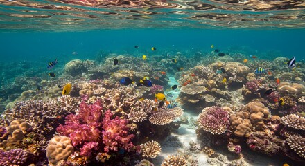 Fototapeta premium Vibrant Coral Reef with Colorful Fish and Clear Water Surface, Teeming with Diverse Marine Life and Aquatic Beauty