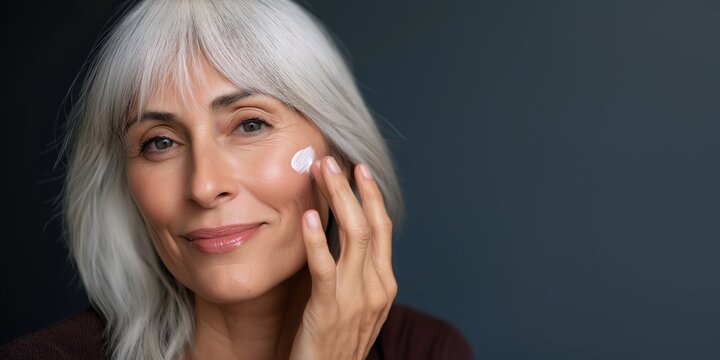 Mature caucasian woman applying skincare cream to face for youthful glow