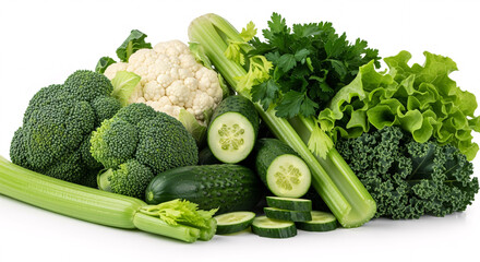 Fresh assortment of green vegetables including broccoli cauliflower celery cucumbers kale and lettuce