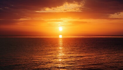 glowing sun rising over a calm sea in warm amber and burnt orange tones