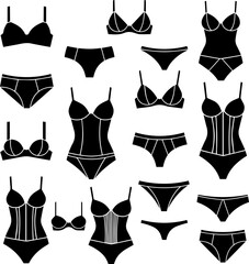 Collection of black lingerie silhouettes isolated on transparent background