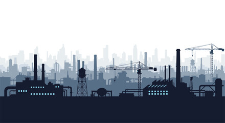 Fototapeta premium Expansive industrial cityscape silhouette featuring factories and construction cranes against a distant city skyline backdrop creating a muted and atmospheric urban landscape scene