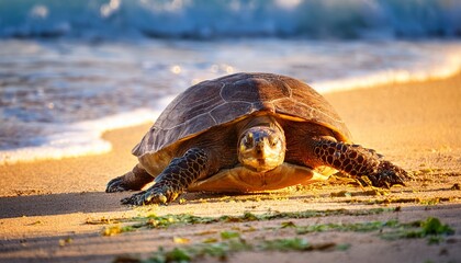 majestic turtle crawling on shore amidst radiant golden light and lush greenery