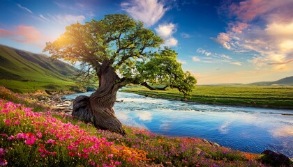 majestic tree with roots beside a winding river and vibrant flowers in a peaceful landscape