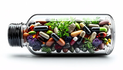 Assortment of colorful pills and berries inside a clear glass bottle