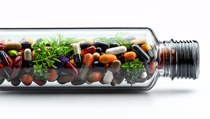 Assortment of colorful pills and capsules contained within a clear glass vial with herbs
