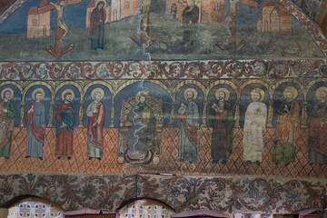 Historic religious mural inside the wooden church of Bezded, located in the ASTRA Museum, Sibiu,...