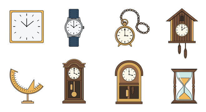 Collection of various vintage and modern timekeeping devices showcasing different styles and eras