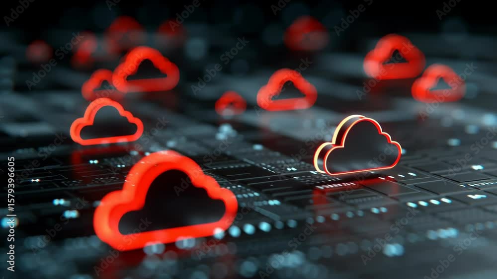 Poster cloud technology under threat malicious bots targeting digital networks with red icons, evoking urge