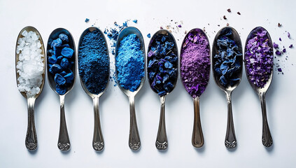 Collection of antique spoons filled with colorful powders and crystals on a white background