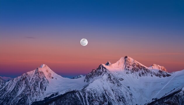 phases of the moon over majestic snowy mountains at twilight with a colorful sky in the background