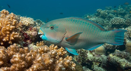 Fototapeta premium Vibrant Blue Parrotfish Swimming Amongst Healthy Coral Reef in Tropical Ocean Waters