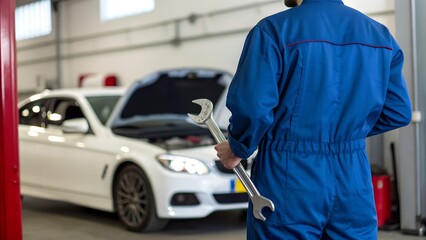 Fototapeta premium A mechanic in a blue jumpsuit, viewed from behind, holding a large wrench. He is standing in what appears to be a car repair shop or garage, with a white car with its hood open visible.
