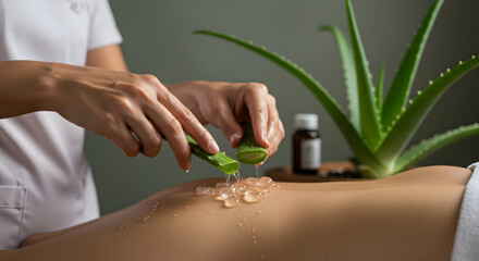 Fresh aloe vera application on human skin during a spa treatment.








