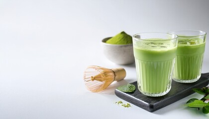 summer themed matcha green tea cocktail with white background