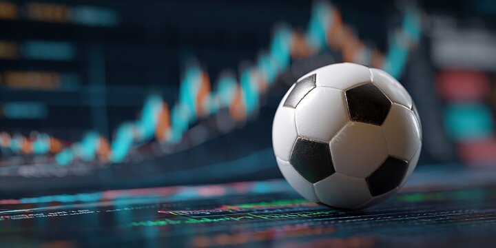 Soccer Ball on Financial Trading Chart Background with Stock Market Data, Concept of Sports Investment and Economics
