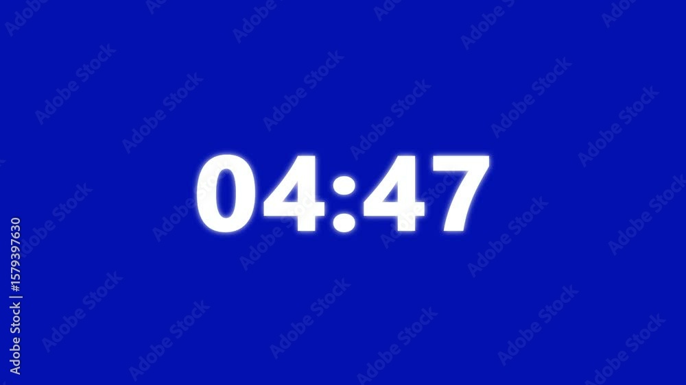 Poster animation of glowing 5 minute countdown timer .5 minute stopwatch , 5 to 0 second analog clock icon 