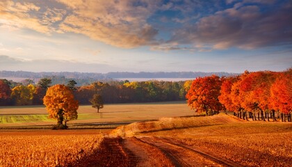 vibrant autumn landscape with colorful foliage and soft clouds in a serene setting