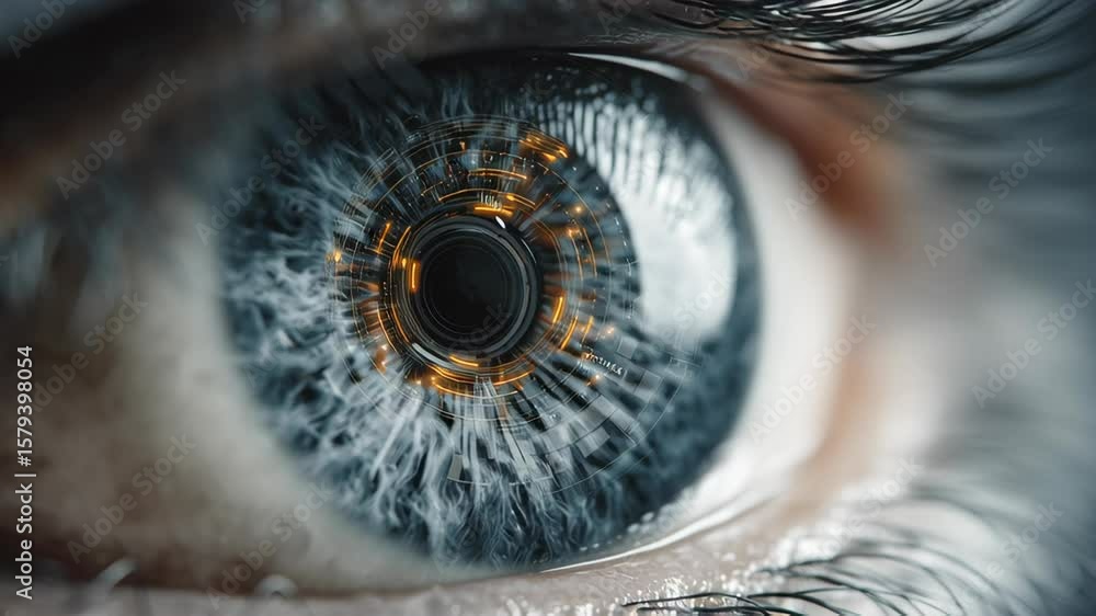 Poster close up view of mechanical eye showcasing intricate glowing lines and circuits, evoking advanced te